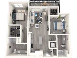 A 3D floor plan of a small apartment with a kitchen, living room, and bathroom.