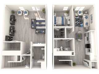 A diagram showing two different layouts of a small apartment.