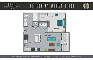 A floor plan of a one bedroom apartment at Edison at Wheat Ridge.