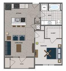 A floor plan of a house with a kitchen, living room, bedroom, bathroom, and closet.