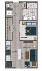 A floor plan of a small apartment with a bedroom, living room, kitchen, and bathroom.