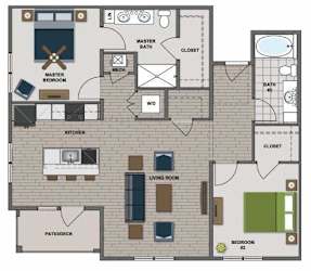 A floor plan of a house with a master bedroom, a kitchen, a living room, and a bathroom.