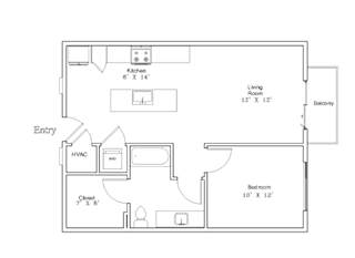 A floor plan of a small apartment with a kitchen, living room, bedroom, and bathroom.