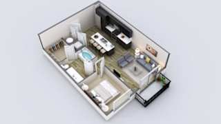 a 3d floor plan of a house with a bedroom and a living room
