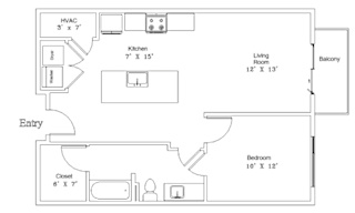 A floor plan of a home with a kitchen, living room, and bedrooms.