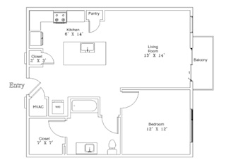 A floor plan of a house with a living room, kitchen, bedroom, and bathroom.