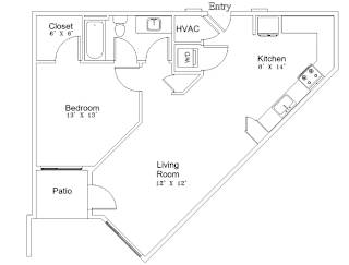 A floor plan of a home with a living room, bedroom, patio, kitchen, and closet.
