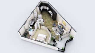 A 3D model of a house with a kitchen, living room, and bedrooms.