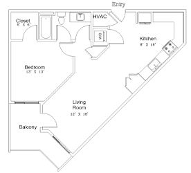 A floor plan of a small apartment with a living room, bedroom, kitchen, and balcony.