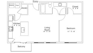 A floor plan of a small apartment with a kitchen, living room, and bedroom.