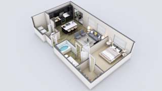 A 3D rendered image of a modern apartment layout.