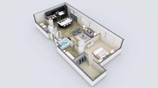A 3D rendered image of a modern house layout.