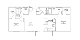 A floor plan of a house with two bedrooms, a living room, a kitchen, and two closets.