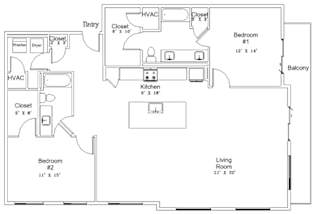 A floor plan of a house with two bedrooms, a kitchen, a living room, and a balcony.