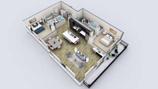 A 3D rendered image of a small apartment layout.