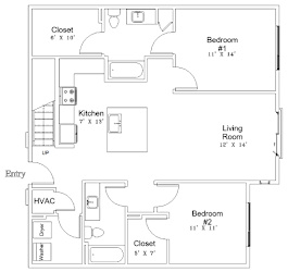 A floor plan of a small apartment with two bedrooms, a living room, a kitchen, a closet, a washer and dryer, and an entry.