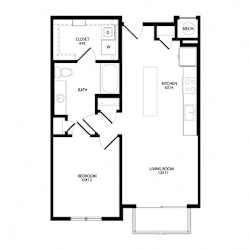 A floor plan of a house with a bedroom, living room, kitchen, bath, and closet.