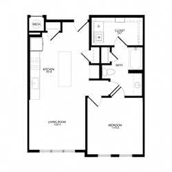 A black and white floor plan of a house with a living room, bedroom, bathroom, kitchen, and closet.