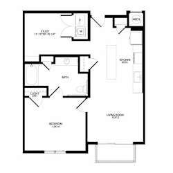 A floor plan of a house with a study, kitchen, living room, bedroom, bath, and closet.