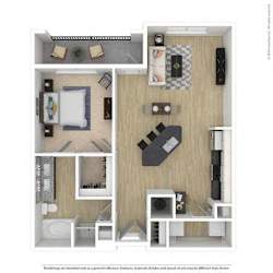 A floor plan of a small apartment with a kitchen, living room, and bathroom.