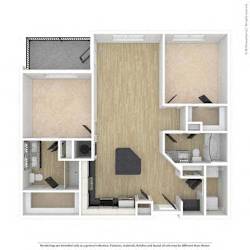 A drawing of a room with furniture and a desk.