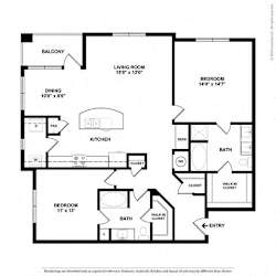 A black and white floor plan of a house with a living room, dining room, kitchen, and two bedrooms.