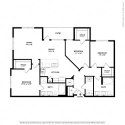 A black and white image of a house floor plan with a living room, two bedrooms, a patio, a dining room, a kitchen, a bath, and an entry.