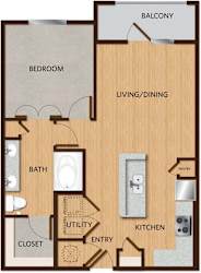 A diagram of a house layout with labeled rooms such as Bedroom, Bath, Kitchen, Living/Dining, Balcony, Pantry, and Utility.