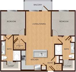 A floor plan of an apartment with a living room, two bedrooms, a kitchen, bathrooms, a utility closet, and an entry closet.
