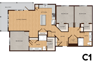 A floor plan of a house with a living room, dining room, kitchen, pantry, two bedrooms, two bathrooms, and a balcony.