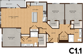 A floor plan of an apartment with a living room, two bedrooms, a pantry, a bathroom, and a balcony.