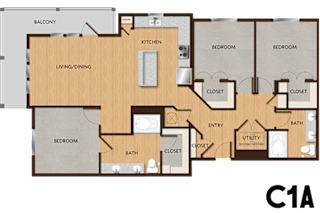 A floor plan of an apartment with a living/dining area, kitchen, and three bedrooms.