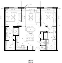 A black and white image of a floor plan for a one bedroom apartment.