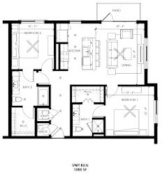 A black and white floor plan of a two-bedroom apartment.