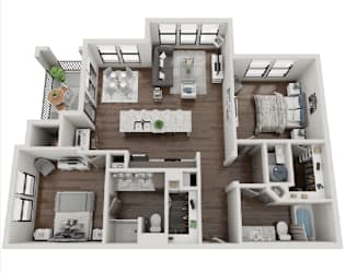 A 3D floor plan of a house with multiple rooms and furniture.