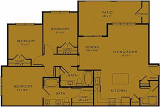 A floor plan of a house with a living room, two bedrooms, a bathroom, a kitchen, a pantry, a dining room, a patio, and storage.