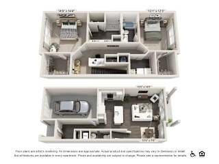 A floor plan of an apartment with a car parked in the garage.