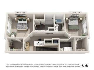 A floor plan of an apartment showing a kitchen, living room, and two bedrooms.