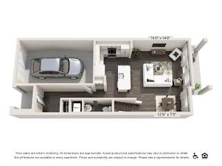 A floor plan of an apartment with a kitchen, living room, and bathroom.