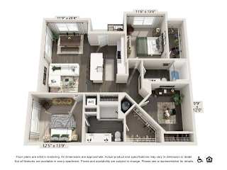 A floor plan of an apartment with dimensions and a note that floor plans are artist's rendering.
