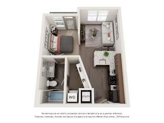 A 3D floor plan of a small apartment with a kitchen, living room, and bathroom.