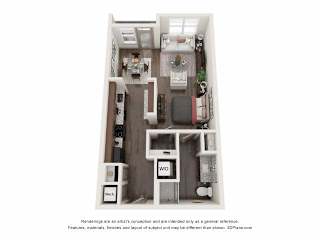 A 3D floor plan of a small apartment with a kitchen, living room, and bathroom.