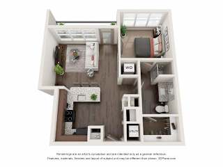 A 3D floor plan of a small apartment with a kitchen, living room, and bedroom.
