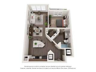 A 3D floor plan of a small apartment with a kitchen, living room, and bathroom.