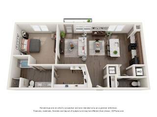 A 3D floor plan of a small apartment with a kitchen, living room, and bathroom.
