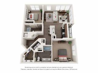 A 3D floor plan of a small apartment with a kitchen, living room, and bedroom.