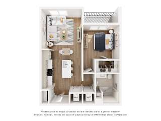 A 3D floor plan of a small apartment with a kitchen, bathroom, and living room.