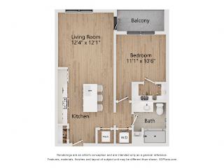 A 3D floor plan of a small apartment with a living room, kitchen, bathroom, and two bedrooms.