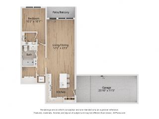 A floor plan of a house with a bedroom, living/dining area, kitchen, bath, and garage.