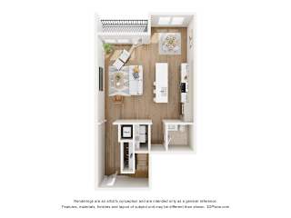 A 3D floor plan of a small apartment with a kitchen, living room, and bathroom.